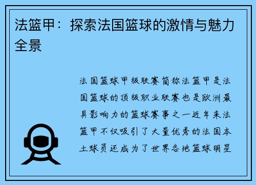 法篮甲：探索法国篮球的激情与魅力全景